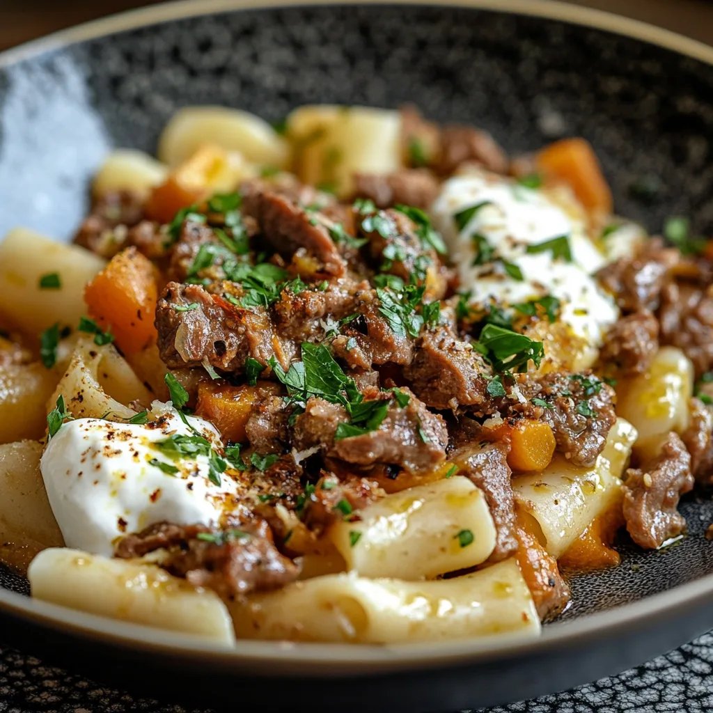 Türkische Pasta mit Hackfleisch und Joghurt