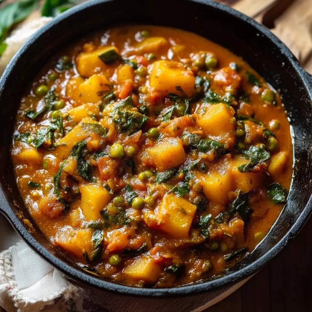 Veganes Kartoffelcurry mit Spinat und Erbsen